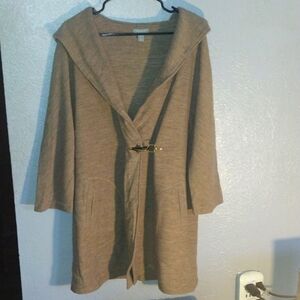100% Wool Tan Long Line Kenar Cardigan/Jacket Hooded L